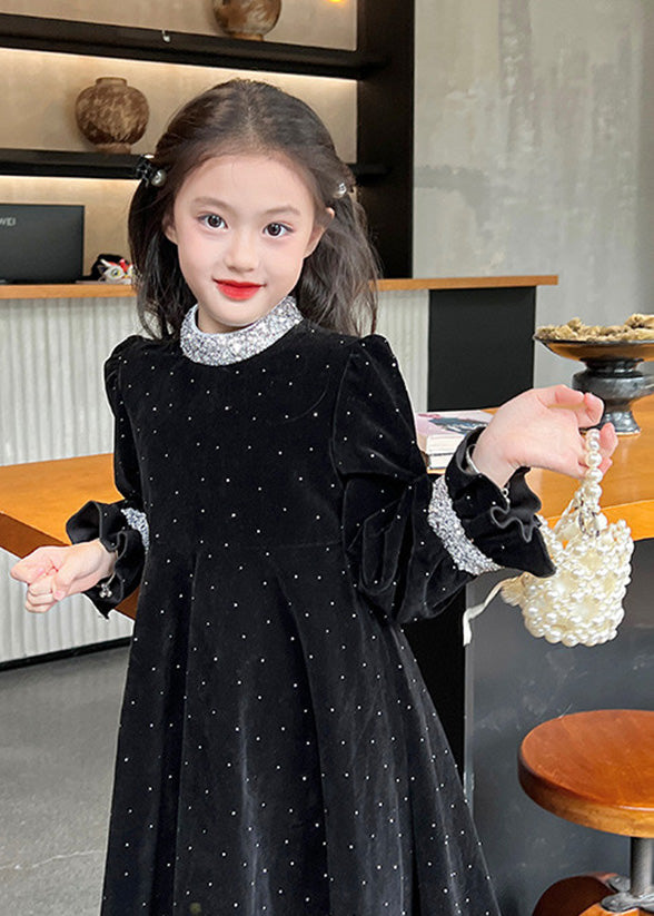 Fashion Black Zircon Silk Velour Girls Maxi Dress Long Sleeve