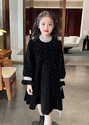 Fashion Black Zircon Silk Velour Girls Maxi Dress Long Sleeve