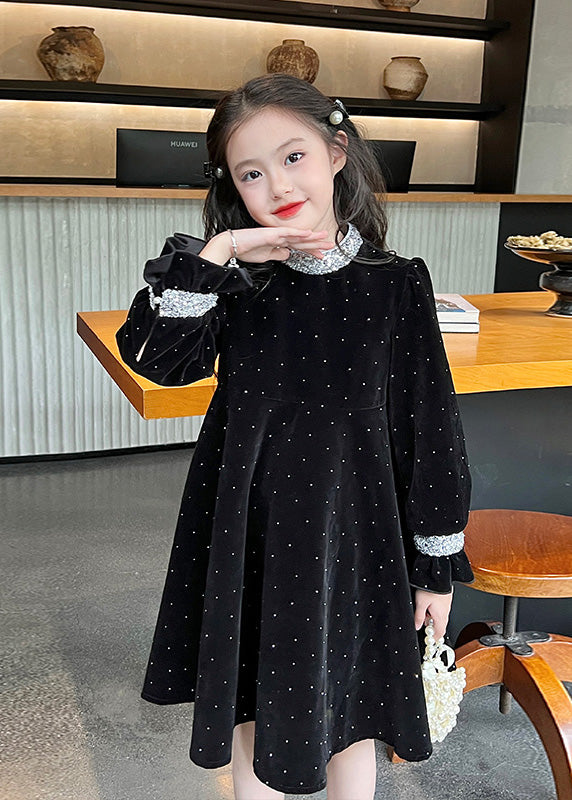 Fashion Black Zircon Silk Velour Girls Maxi Dress Long Sleeve