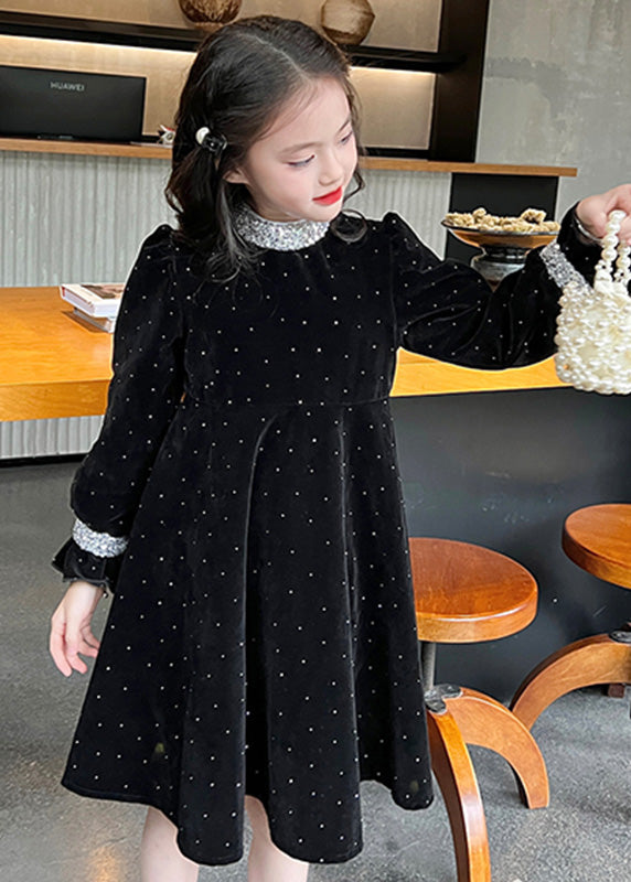 Fashion Black Zircon Silk Velour Girls Maxi Dress Long Sleeve