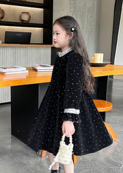 Fashion Black Zircon Silk Velour Girls Maxi Dress Long Sleeve