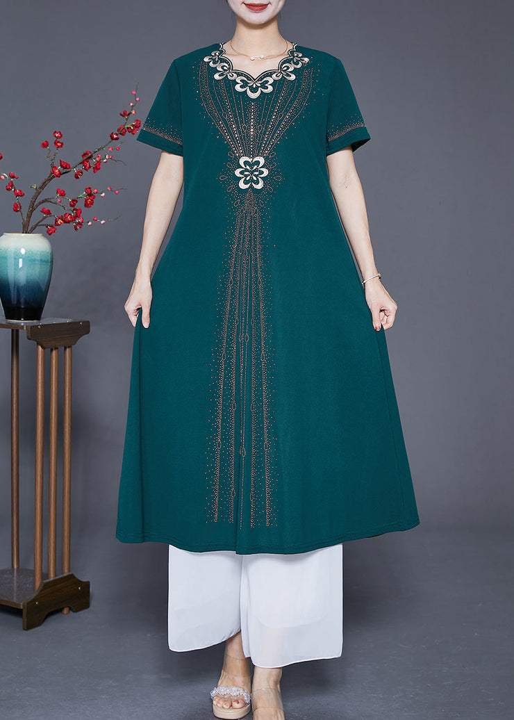 Fashion Blackish Green Embroidered Zircon Chiffon Maxi Dresses Summer