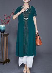 Fashion Blackish Green Embroidered Zircon Chiffon Maxi Dresses Summer