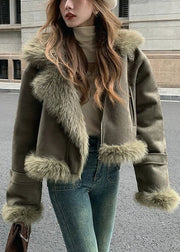 Fashion Blackish Green Fur Collar Patchwork Faux Suede Parkas Winter