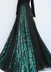 Fashion Blackish Green Sequins Patchwork Tulle Skirts Spring