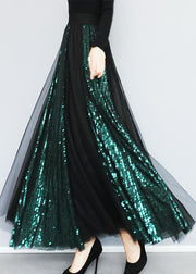 Fashion Blackish Green Sequins Patchwork Tulle Skirts Spring