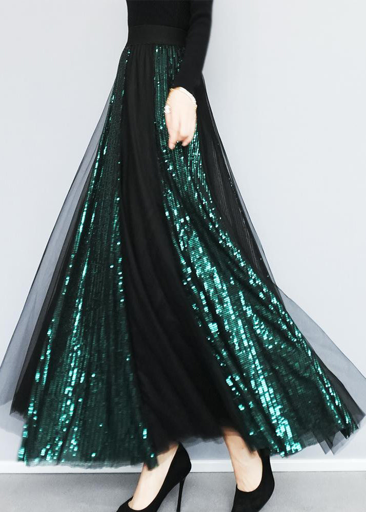 Fashion Blackish Green Sequins Patchwork Tulle Skirts Spring