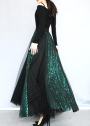 Fashion Blackish Green Sequins Patchwork Tulle Skirts Spring