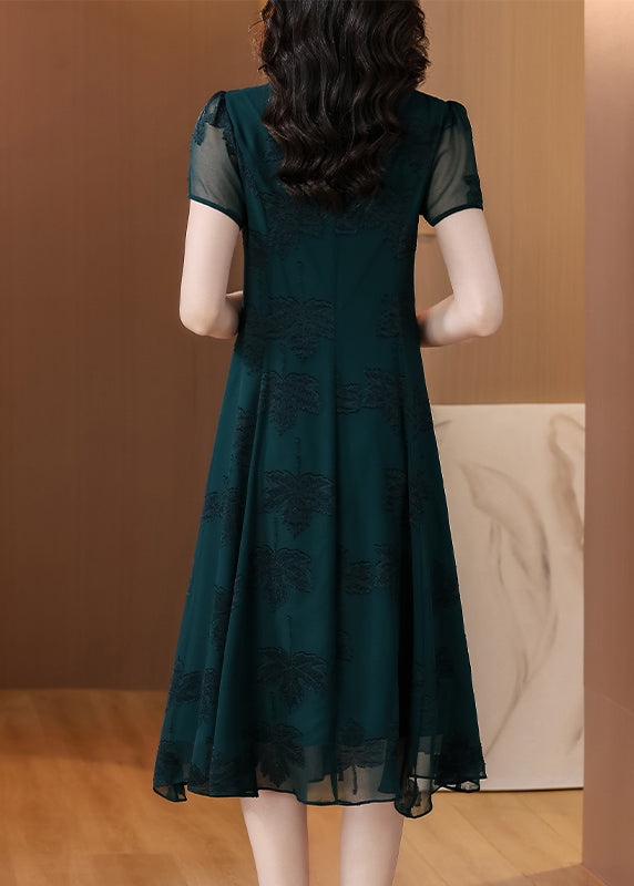 Fashion Blackish Green V Neck Embroidered Chiffon Long Dress Summer