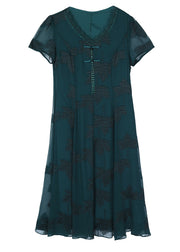 Fashion Blackish Green V Neck Embroidered Chiffon Long Dress Summer