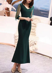 Fashion Blackish Green V Neck Nail Bead Tulle Long Dresses Bracelet Sleeve