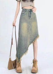 Fashion Blue Asymmetrical Tasseled Denim Skirt Summer