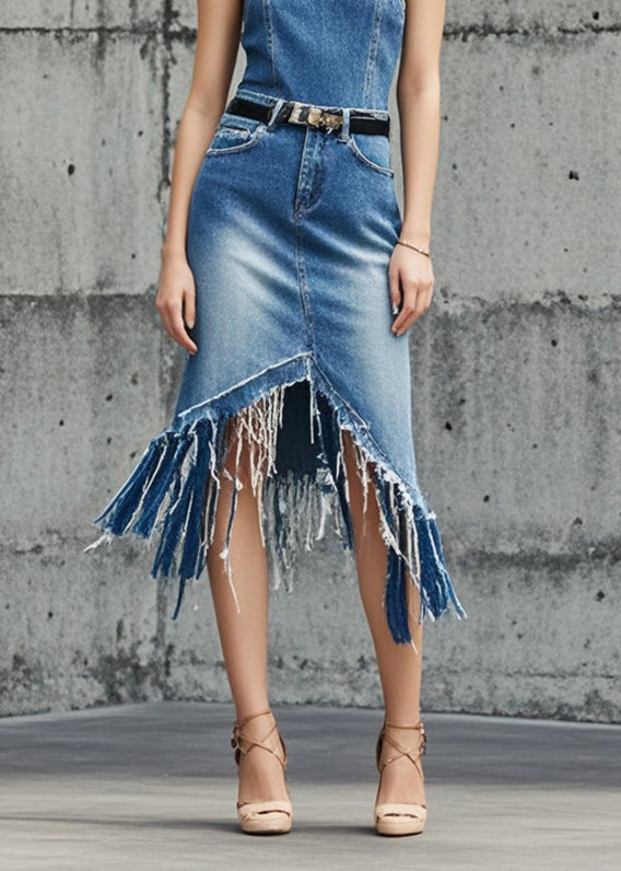 Fashion Blue Asymmetrical Tasseled Denim Skirts Summer