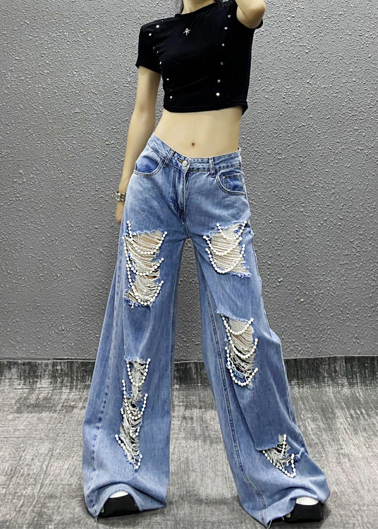 Fashion Blue Bead Decorated Pockets Ripped Denim Wide Leg Pants Fall