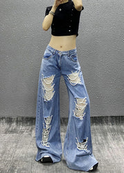 Fashion Blue Bead Decorated Pockets Ripped Denim Wide Leg Pants Fall