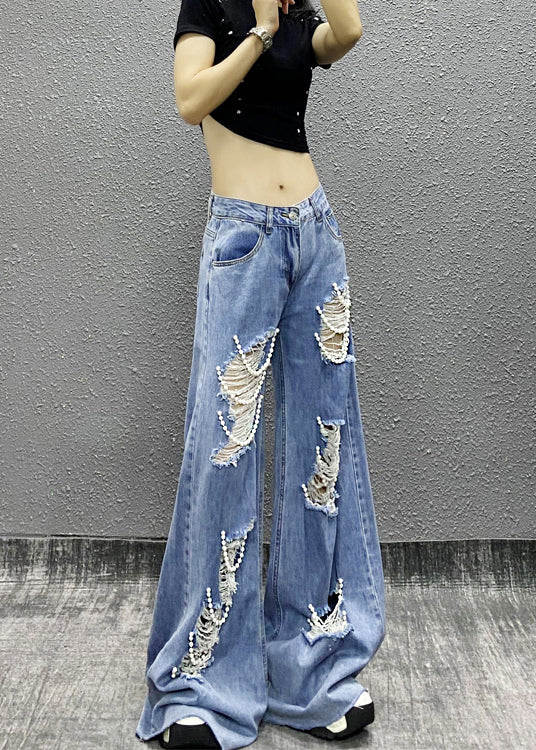 Fashion Blue Bead Decorated Pockets Ripped Denim Wide Leg Pants Spring