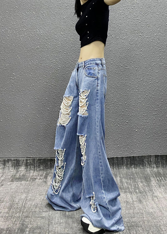 Fashion Blue Bead Decorated Pockets Ripped Denim Wide Leg Pants Spring