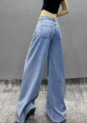 Fashion Blue Bead Decorated Pockets Ripped Denim Wide Leg Pants Spring