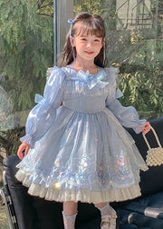 Fashion Blue Bow Embroideried Patchwork Tulle Girls Vacation Maxi Dresses Puff Sleeve