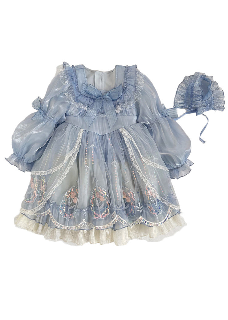 Fashion Blue Bow Embroideried Patchwork Tulle Girls Vacation Maxi Dresses Puff Sleeve