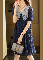 Fashion Blue Bow Patchwork Chiffon Mid Dress Summer