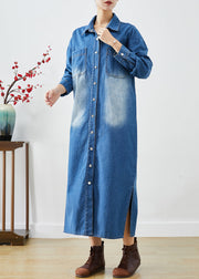 Fashion Blue Button Down Side Open Denim Trench Coats Fall