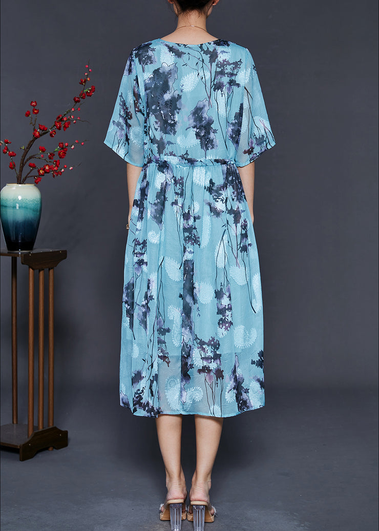 Fashion Blue Cinched Print Chiffon Long Dresses Summer