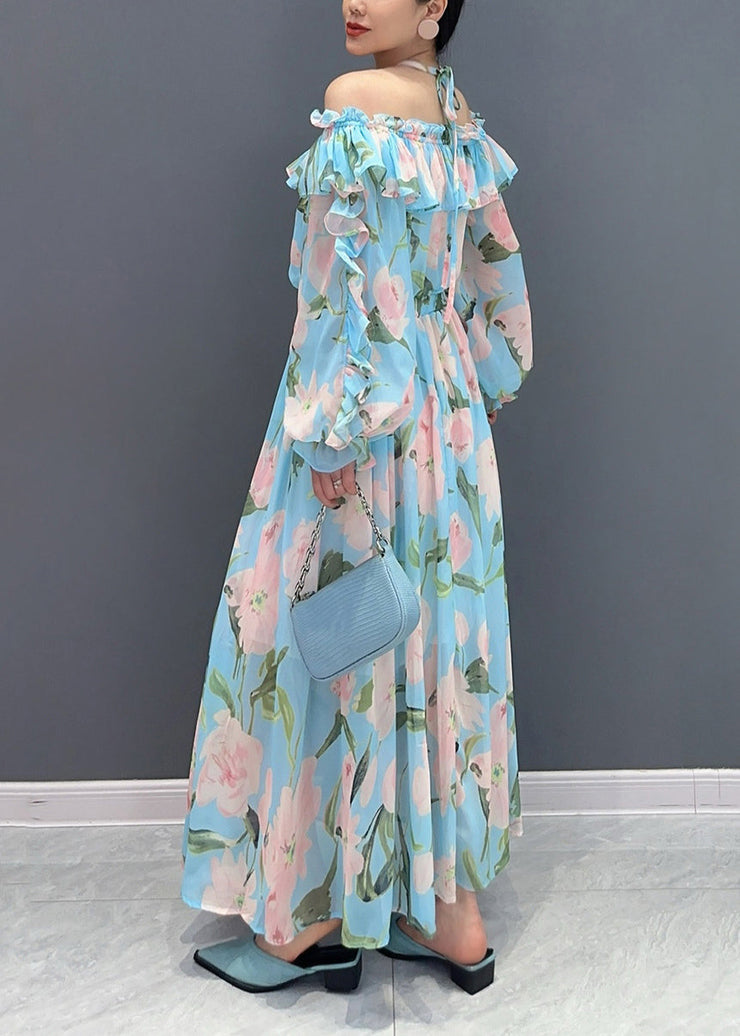 Fashion Blue Cold Shoulder Ruffled Patchwork Chiffon Dresses Long Sleeve