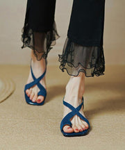 Fashion Blue Cross Strap Splicing Chunky Genuine Leather Sandals