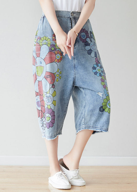 Fashion Blue Elastic Waist Oversized Print Cotton Wide Leg Pants Spring