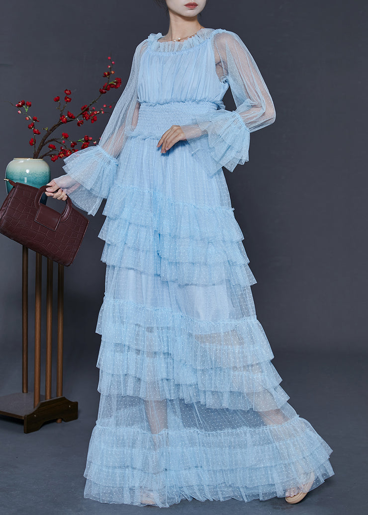 Fashion Blue Elastic Waist Patchwork Tulle Party Dress Spring