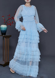 Fashion Blue Elastic Waist Patchwork Tulle Party Dress Spring