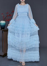 Fashion Blue Elastic Waist Patchwork Tulle Party Dress Spring