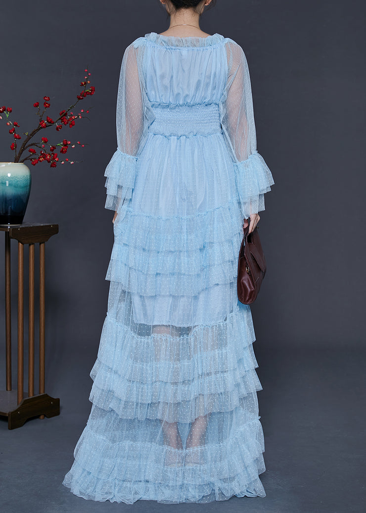 Fashion Blue Elastic Waist Patchwork Tulle Party Dress Spring