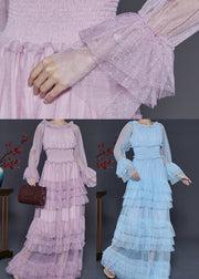 Fashion Blue Elastic Waist Patchwork Tulle Party Dress Fall