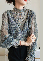 Fashion Blue Embroidered Print Chiffon Shirt Lantern Sleeve