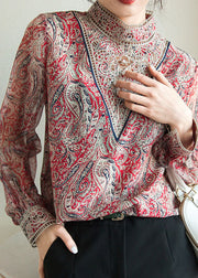 Fashion Blue Embroidered Print Chiffon Shirt Lantern Sleeve