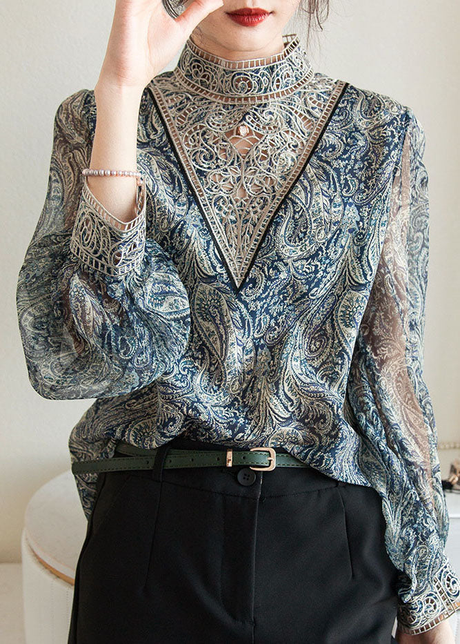 Fashion Blue Embroidered Print Chiffon Shirt Lantern Sleeve