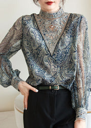 Fashion Blue Embroidered Print Chiffon Shirt Lantern Sleeve