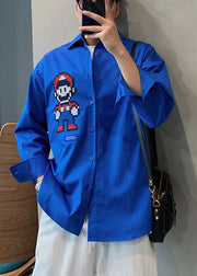 Fashion Blue Embroideried Cotton Men's Shirts Fall