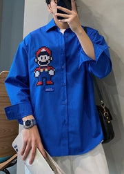 Fashion Blue Embroideried Cotton Men's Shirts Fall