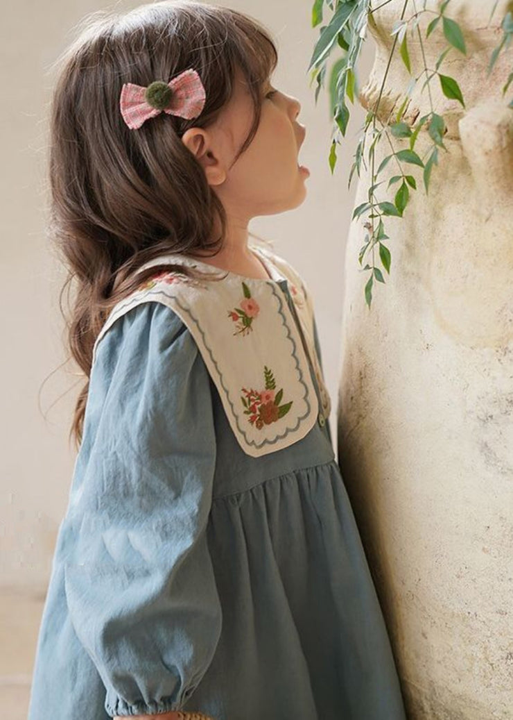 Fashion Blue Embroideried Patchwork Girls Long Dress Fall