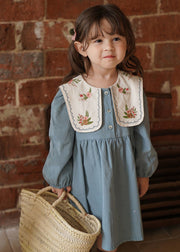 Fashion Blue Embroideried Patchwork Girls Long Dress Fall