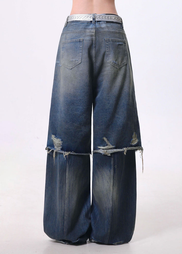 Fashion Blue False Two Pieces Patchwork Ripped Denim Pants Spring