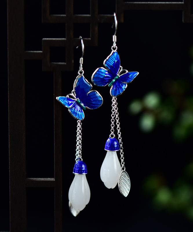 Fashion Blue Floral Paitings Silver Gem Stone Drop Earrings