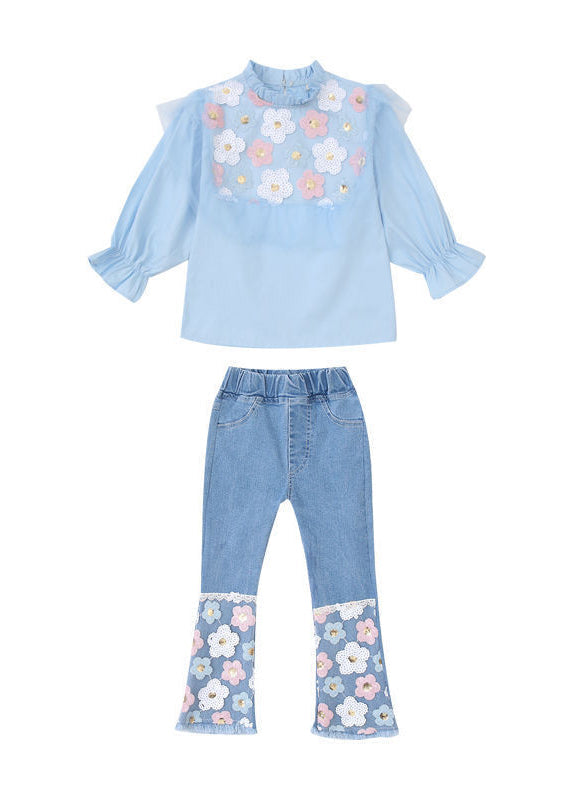 Fashion Blue Floral Ruffled Cotton Tops And Denim Pants Baby Girls Two Pieces Set Fall