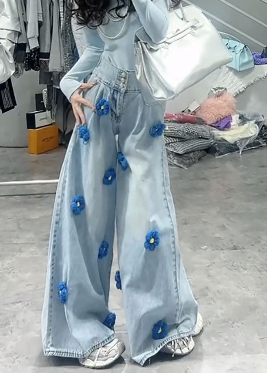 Fashion Blue High Waist Floral Decorated Denim Wide Leg Pants Spring