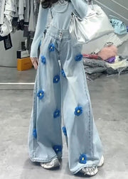 Fashion Blue High Waist Floral Decorated Denim Wide Leg Pants Spring