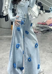 Fashion Blue High Waist Floral Decorated Denim Wide Leg Pants Spring