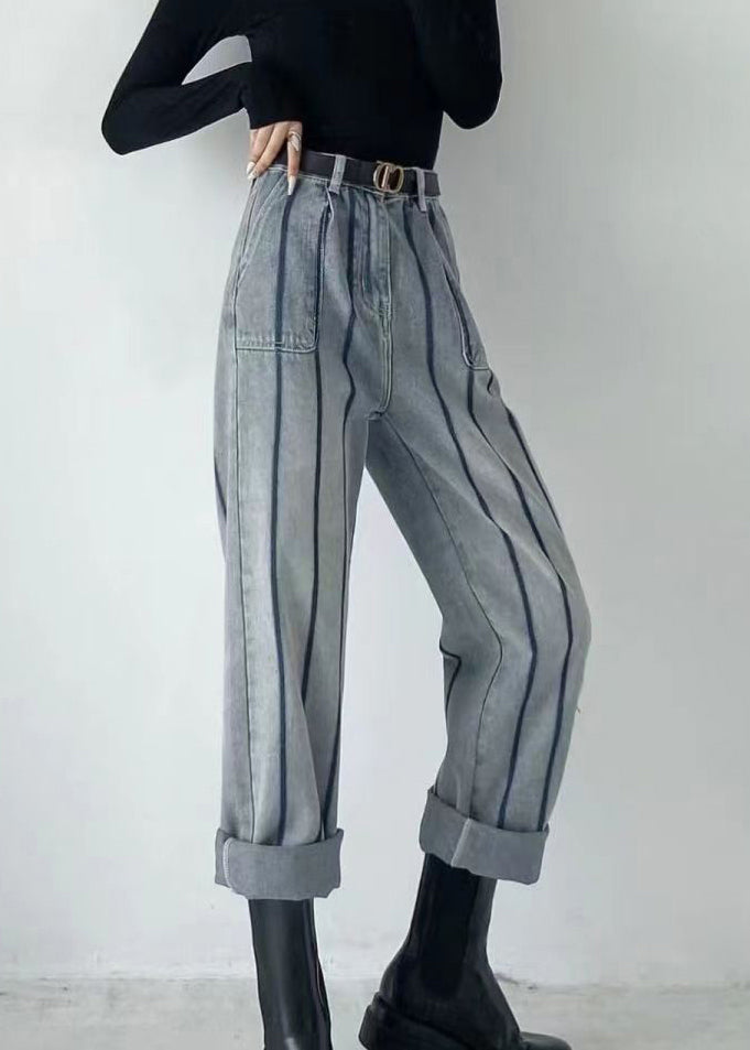 Fashion Blue High Waist Striped Patchwork Jeans Spring